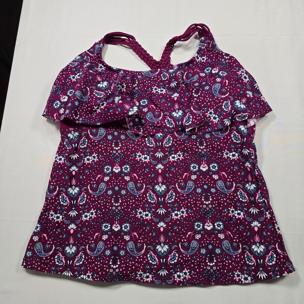Arizona Jean Co Womens Purple Paisley Ruffle Macrame Tankini Swim Top Size M NEW